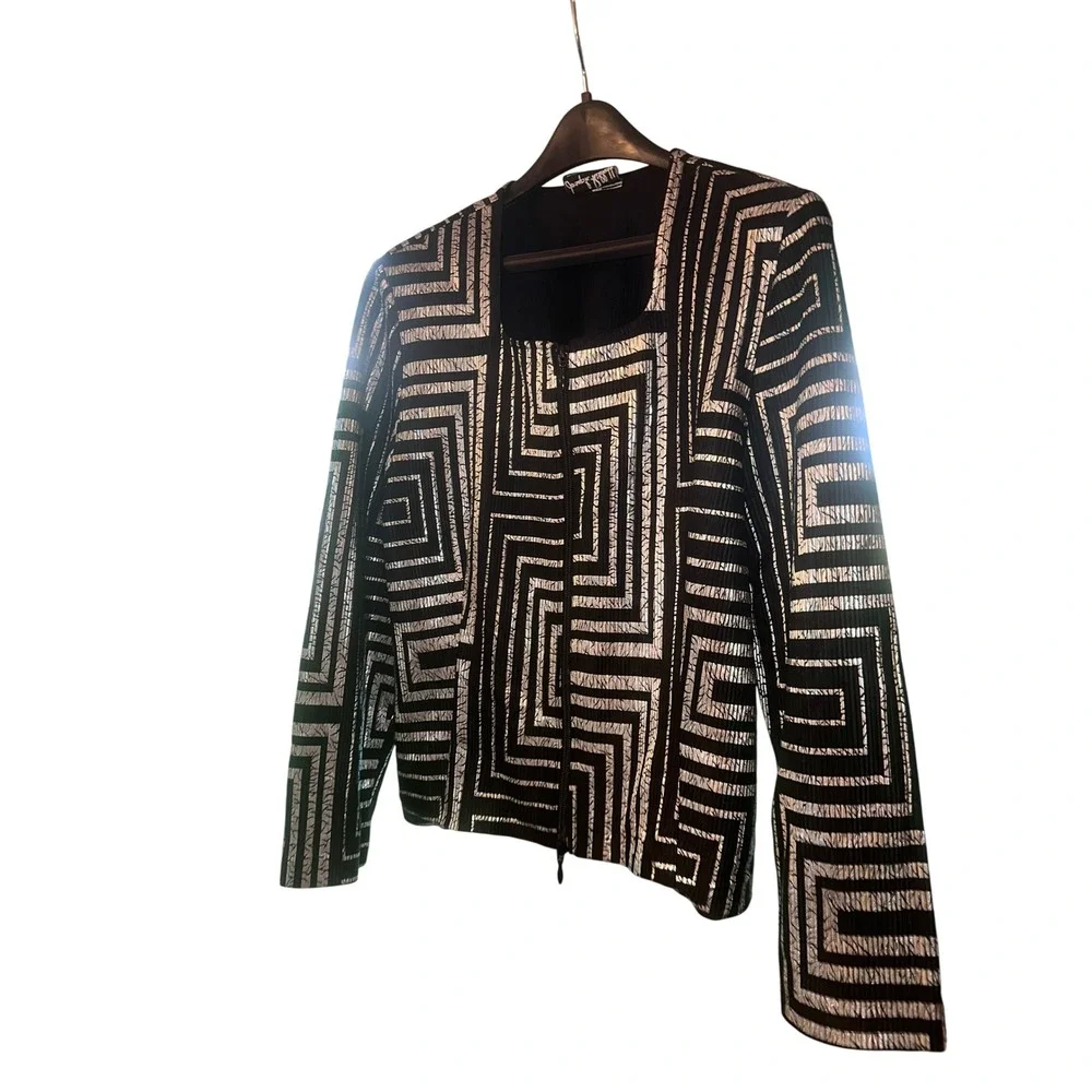 Joseph Ribkoff Silver Metallic Geometric Greek Key‎ Zip Up Jacket Black Size 14
